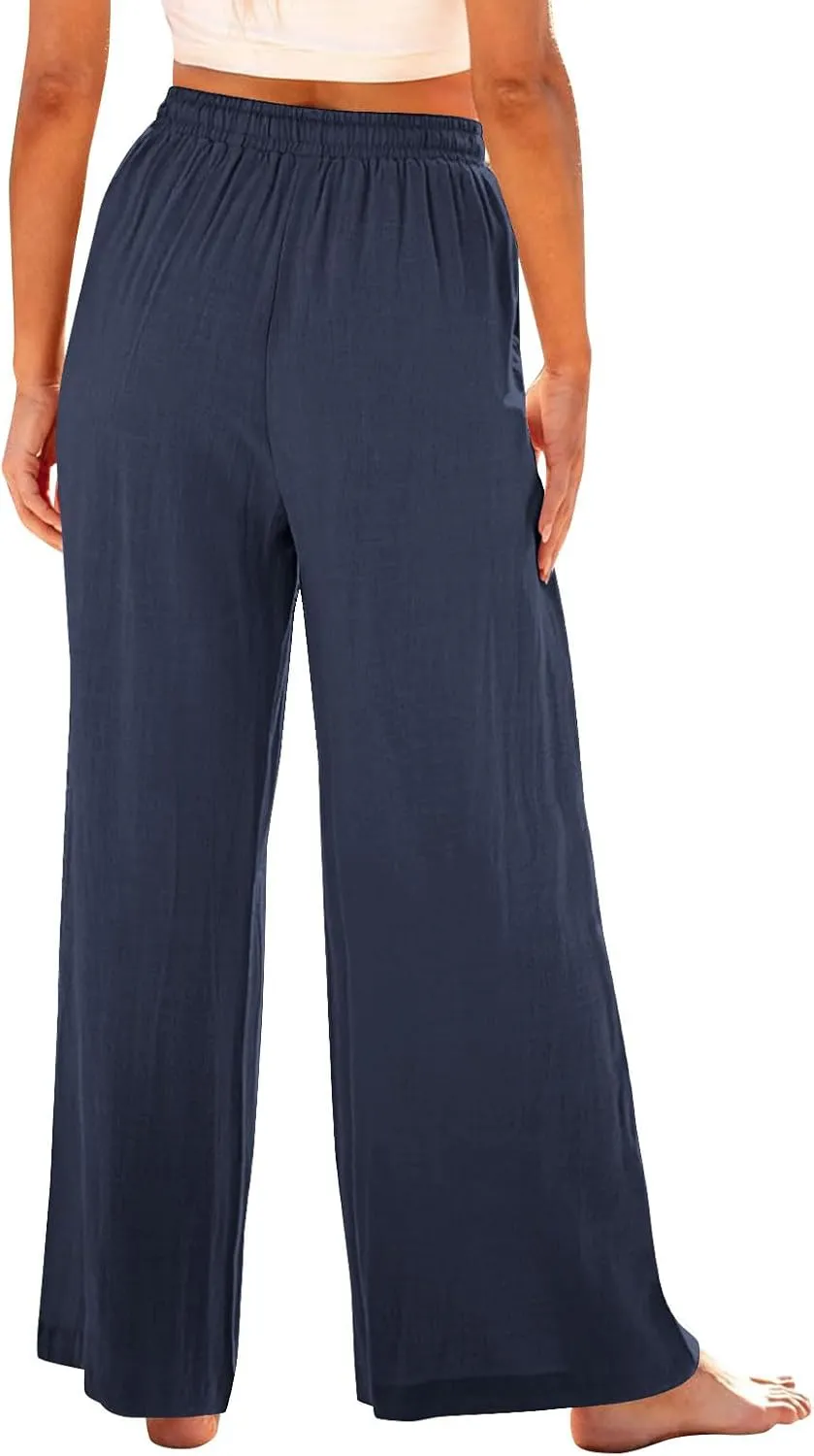 TANGNADE Womens Cotton Linen Pants with Pockets Straight Leg Loose Elastic High Waisted Comfy Summer Lounge Trousers