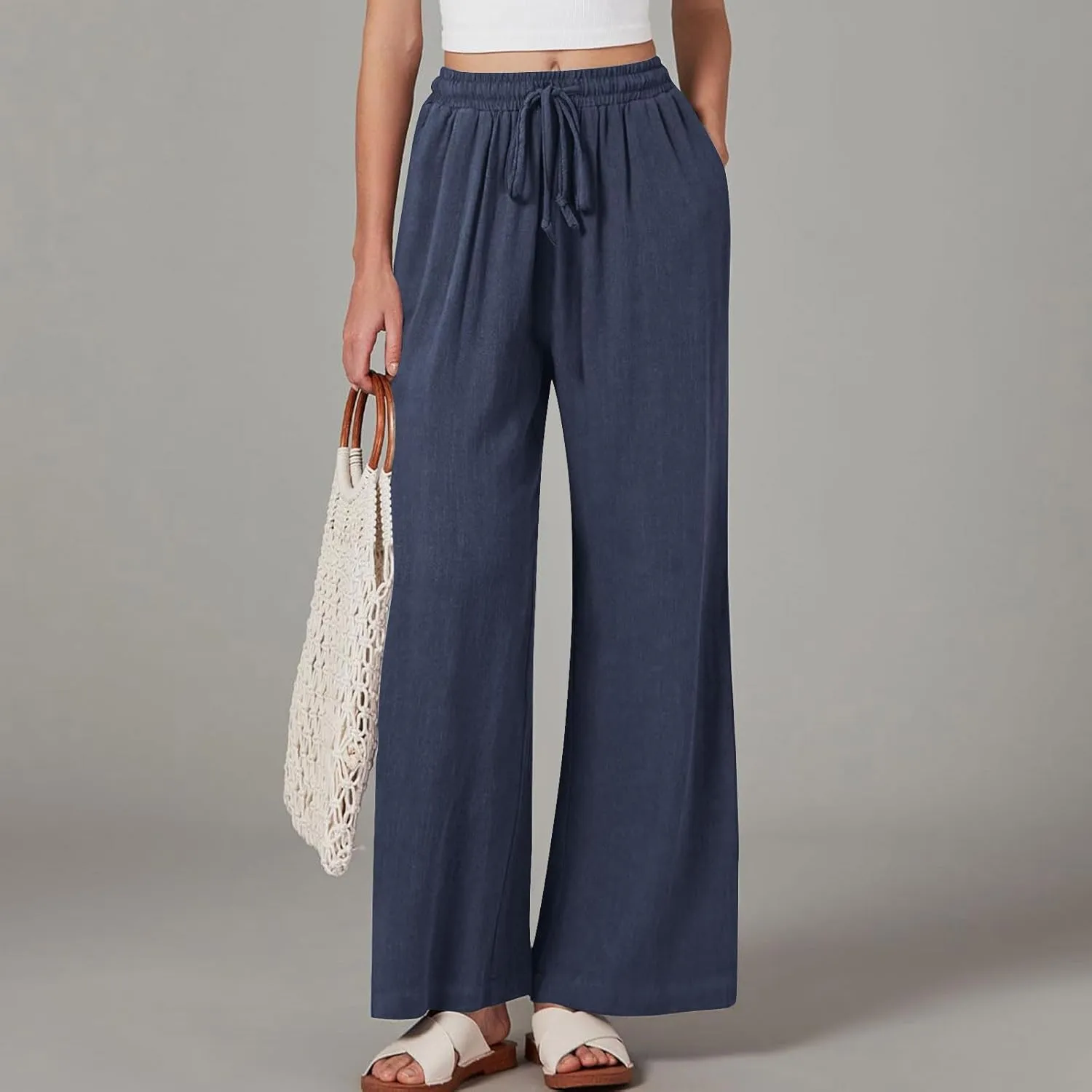 TANGNADE Womens Cotton Linen Pants with Pockets Straight Leg Loose Elastic High Waisted Comfy Summer Lounge Trousers
