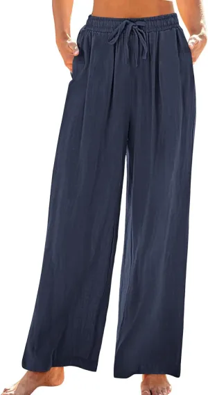 TANGNADE Womens Cotton Linen Pants with Pockets Straight Leg Loose Elastic High Waisted Comfy Summer Lounge Trousers