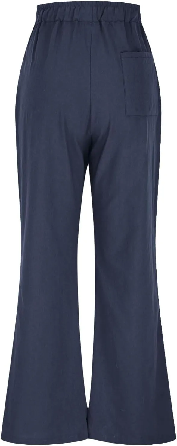 TANGNADE Womens Cotton Linen Pants with Pockets Straight Leg Loose Elastic High Waisted Comfy Summer Lounge Trousers