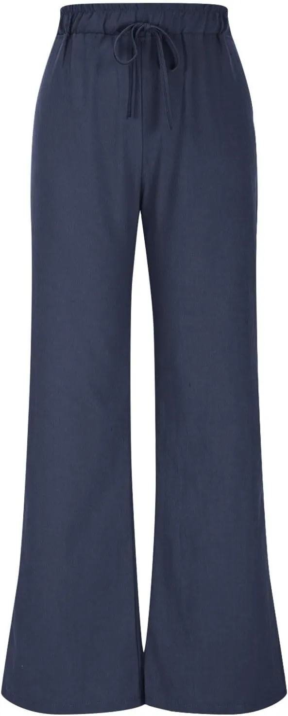 TANGNADE Womens Cotton Linen Pants with Pockets Straight Leg Loose Elastic High Waisted Comfy Summer Lounge Trousers