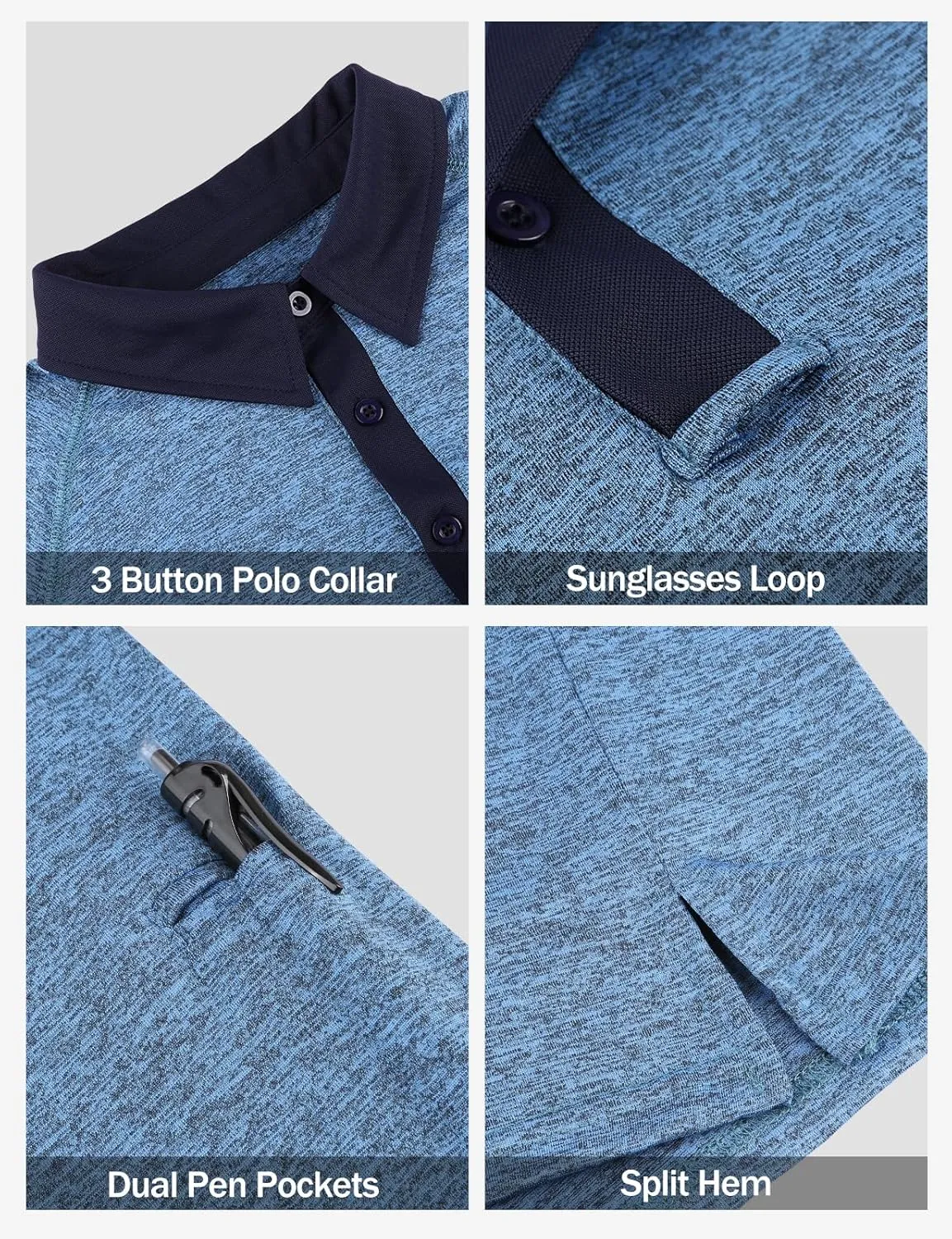 Tanst Sky Mens Polo Shirts 3 Button Quick Dry Performance Long Sleeve Collared Golf Shirt