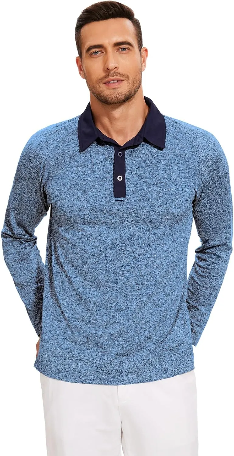 Tanst Sky Mens Polo Shirts 3 Button Quick Dry Performance Long Sleeve Collared Golf Shirt