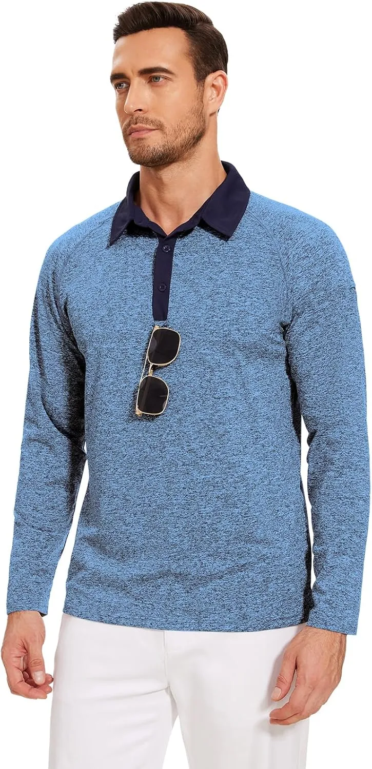 Tanst Sky Mens Polo Shirts 3 Button Quick Dry Performance Long Sleeve Collared Golf Shirt