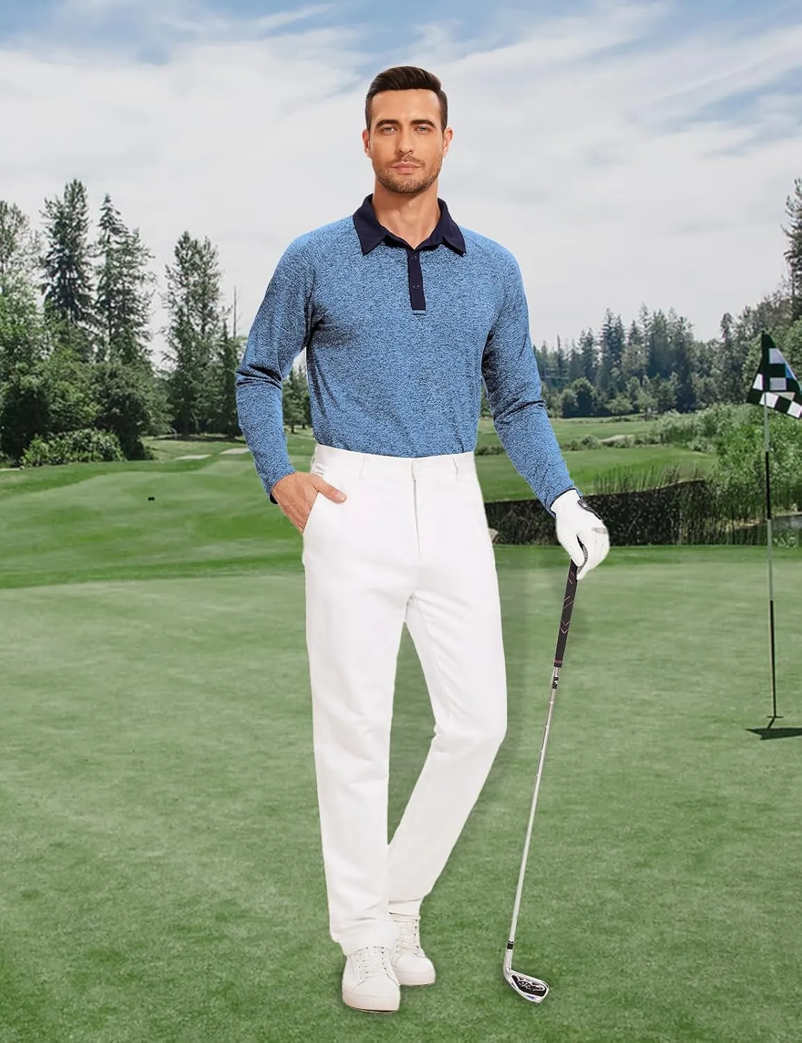 Tanst Sky Mens Polo Shirts 3 Button Quick Dry Performance Long Sleeve Collared Golf Shirt