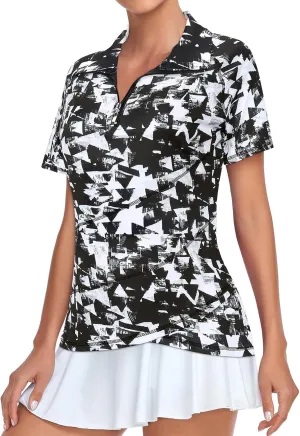 Tanst Sky Women's Golf Polo Shirts Zip Short Sleeve Collared Asymmetrical Hem Tops Moisture Wicking Workout Apparel