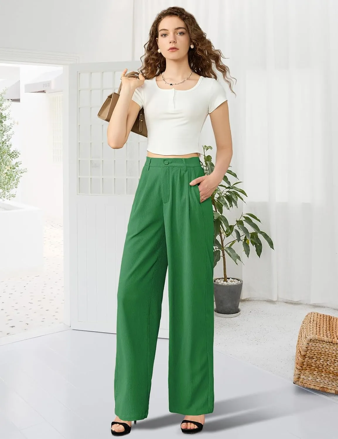Tapata Women Wide Leg Pants High Waisted Dress Trousers Casual Elastic Pockets Business Work Slacks