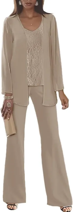 Taupe Pant Suits for Women Dressy Wedding 3 PCS Lace Applique Pantsuit Dresses Long Sleeve Grandmother of The Bride Cocktail Outfits,US8