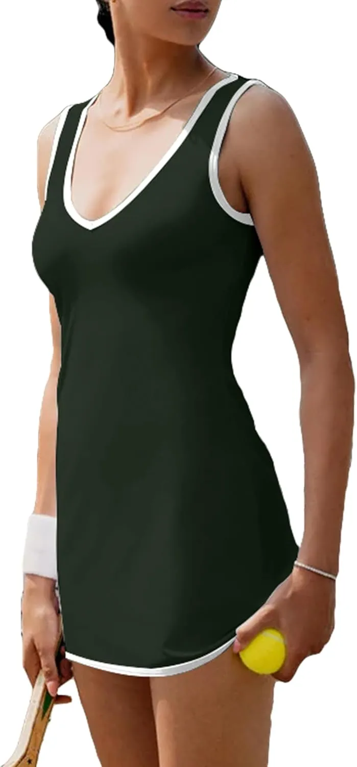 Tennis Dress with Shorts Womens V Neck Athletic Workout Golf Dress Casual Sleeveless Colorblock Dress