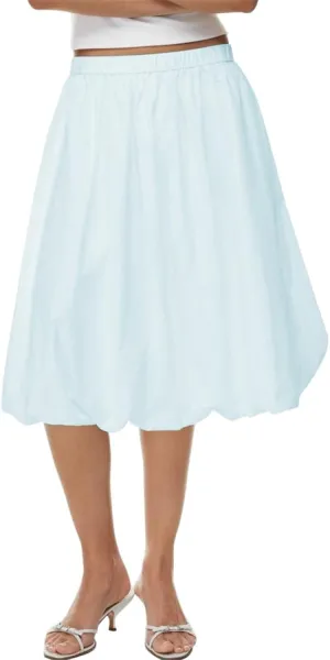 Tenopuli Women Elastic Waist Bubble Midi Skirt Solid Color High Waist Puffy A Line Skirt Casual Baggy Pleated Mid Skirt
