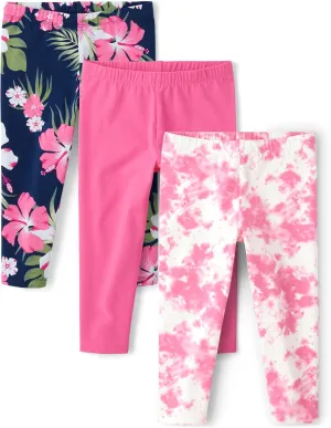 The Children's Place Girls Capri 3-Pack Leggings, Emily Tie Dye_Bright Pink_French Rose | French Rose | Perfect Trop_Tidal_in The Pink, 14 US