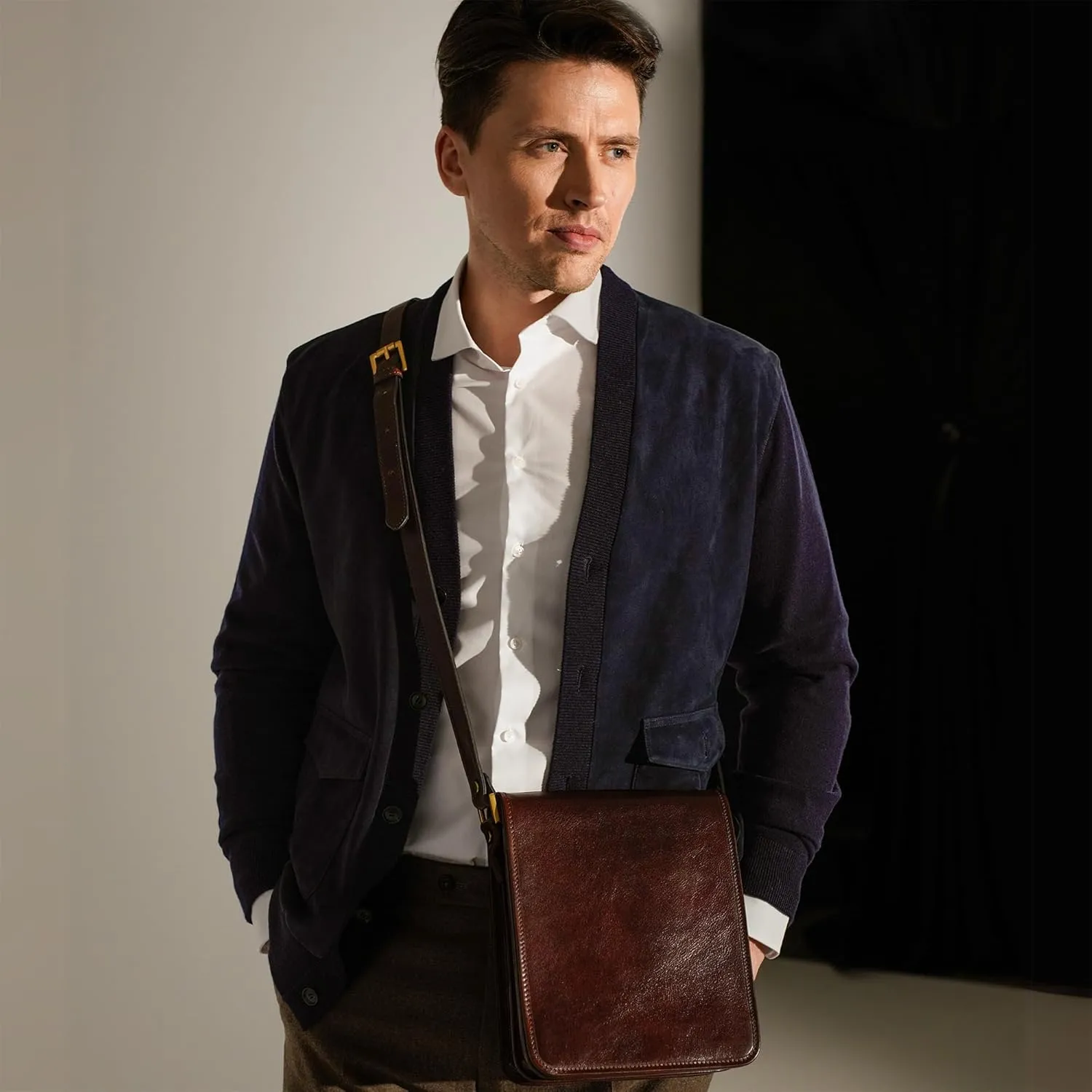 Time Resistance Italian Leather Messenger Bag for Men - Full Grain Leather Men's Crossbody Bag - Tablet Sized Shoulder Bag