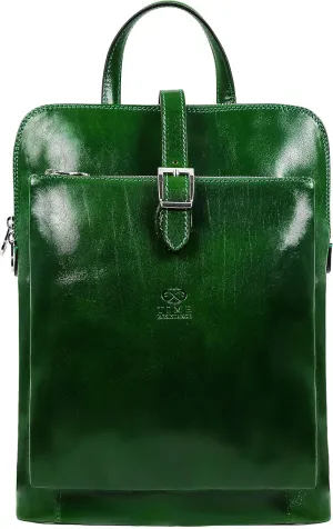 Time Resistance Leather Backpack - Convertible to Shoulder Bag - Full Grain Real Leather Travel Rucksack for Women (Green)