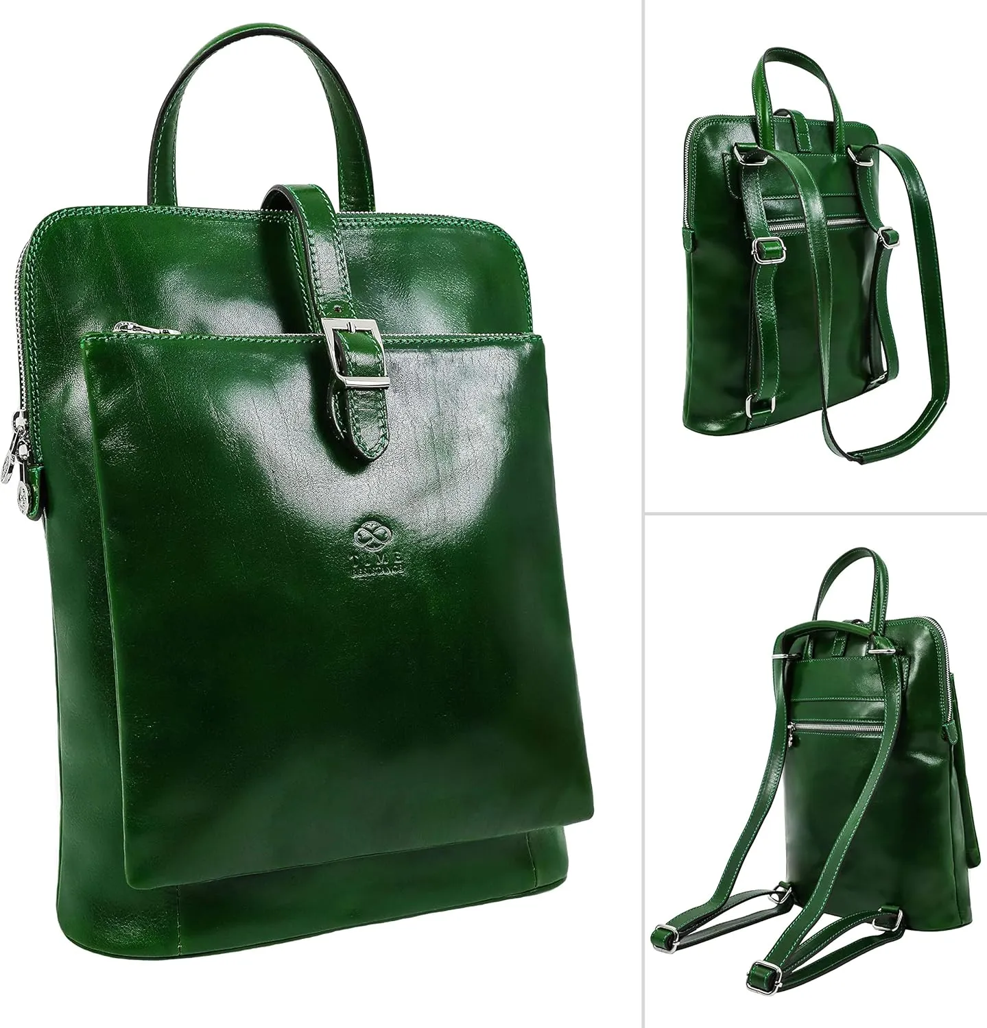 Time Resistance Leather Backpack - Convertible to Shoulder Bag - Full Grain Real Leather Travel Rucksack for Women (Green)