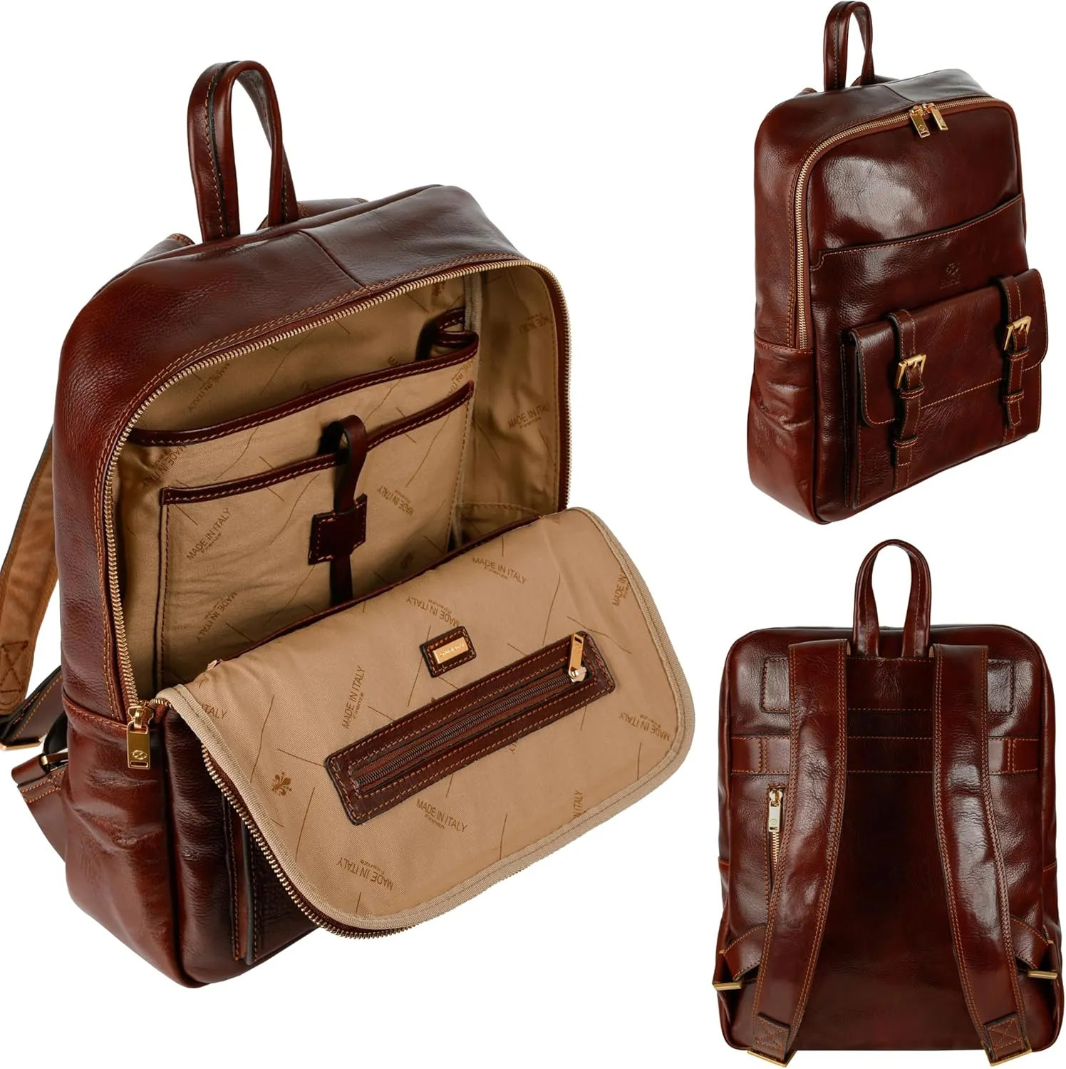 Time Resistance Leather Backpack for Men and Women - Laptop Bag up to 15 - Brown Business Rucksack