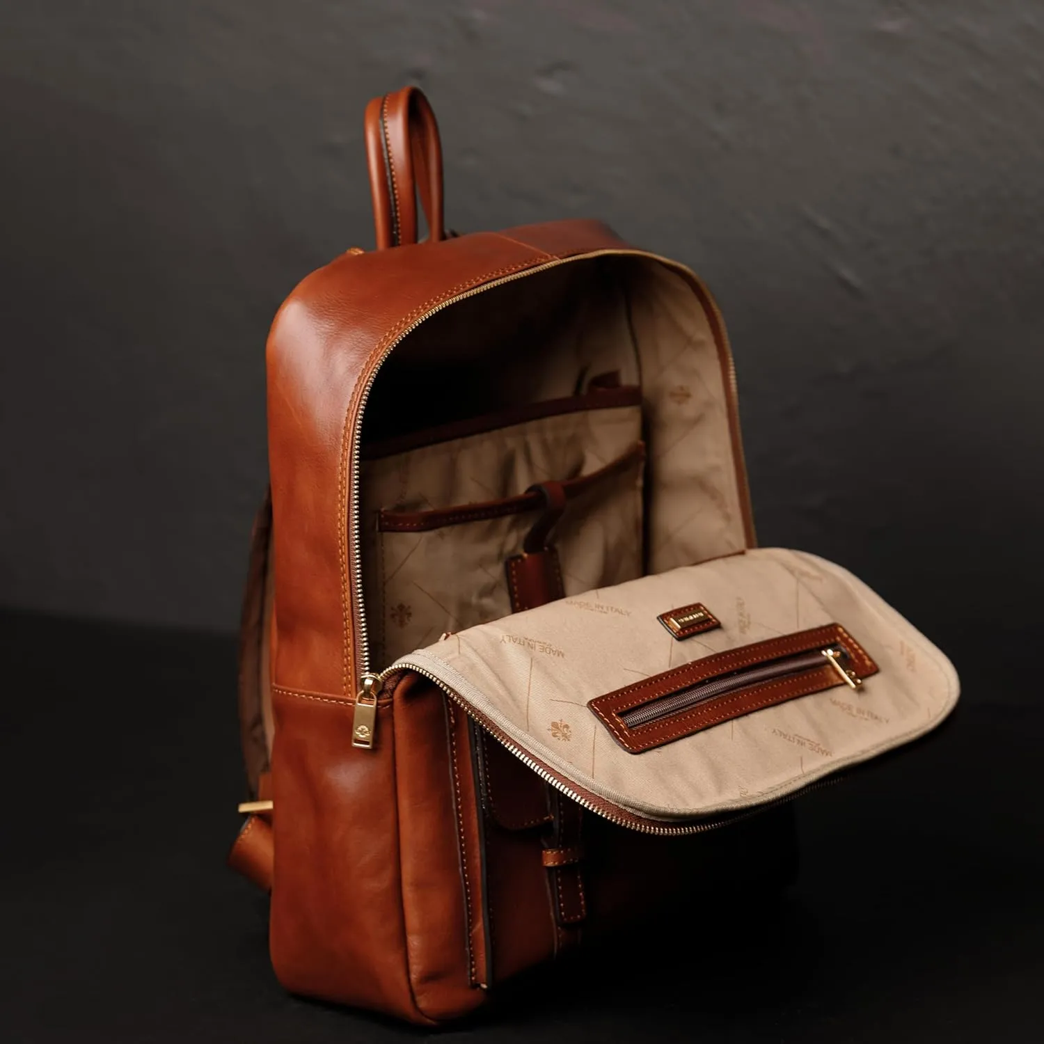 Time Resistance Leather Backpack for Men and Women - Laptop Bag up to 15 - Cognac Brown Business Rucksack