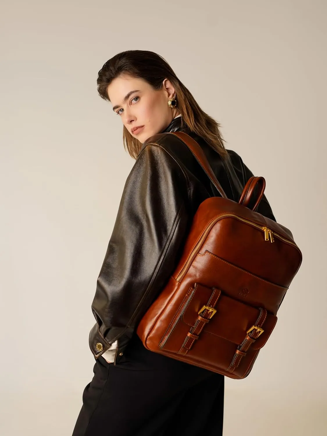 Time Resistance Leather Backpack for Men and Women - Laptop Bag up to 15 - Cognac Brown Business Rucksack