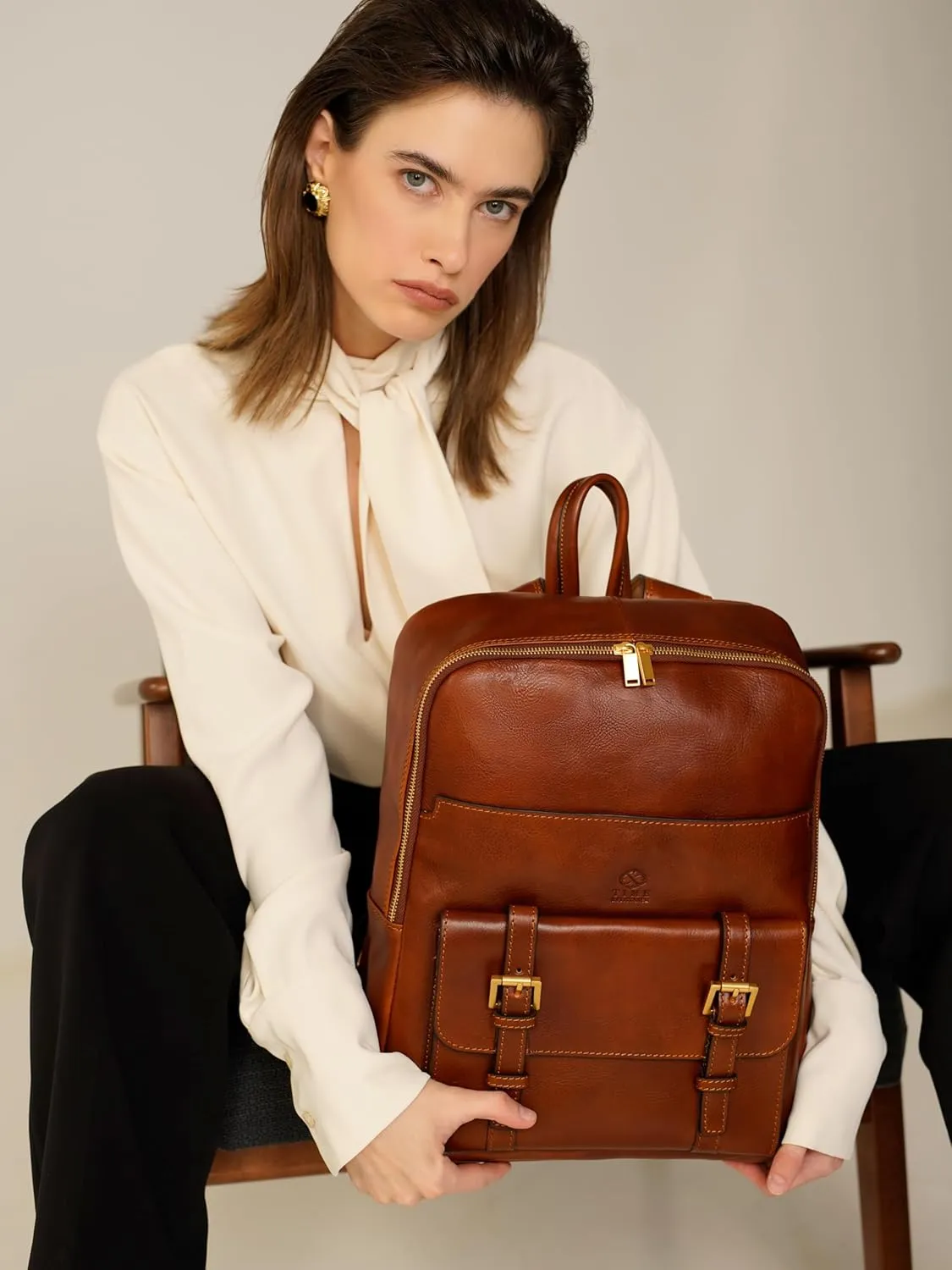 Time Resistance Leather Backpack for Men and Women - Laptop Bag up to 15 - Cognac Brown Business Rucksack