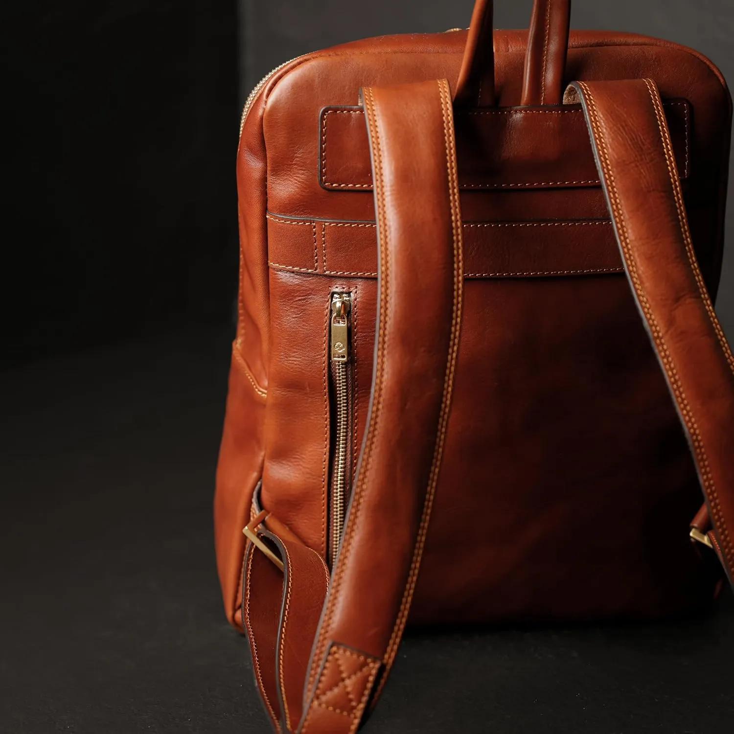 Time Resistance Leather Backpack for Men and Women - Laptop Bag up to 15 - Cognac Brown Business Rucksack