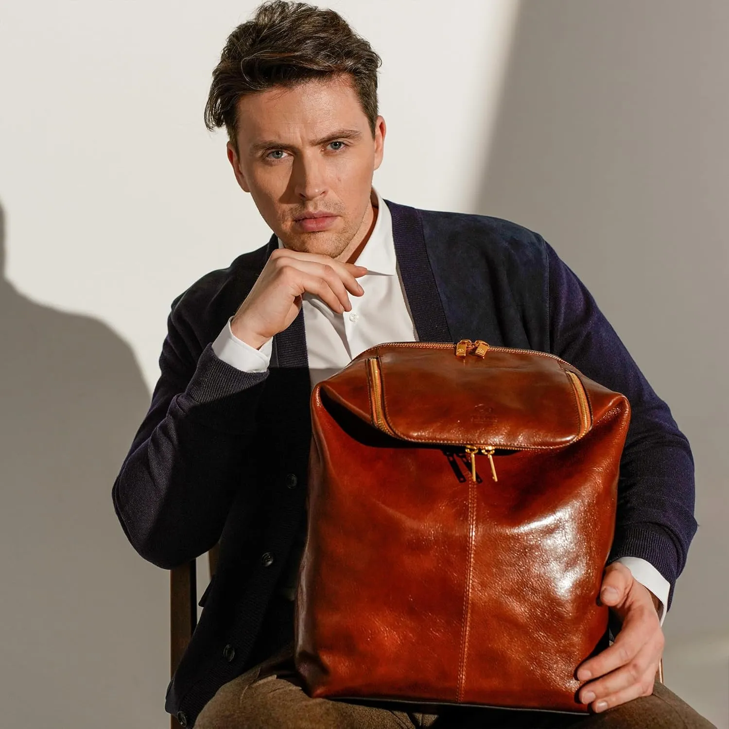 Time Resistance Leather Backpack - Unisex Business Rucksack Laptop Bag for Bag and Women (Cognac Brown)