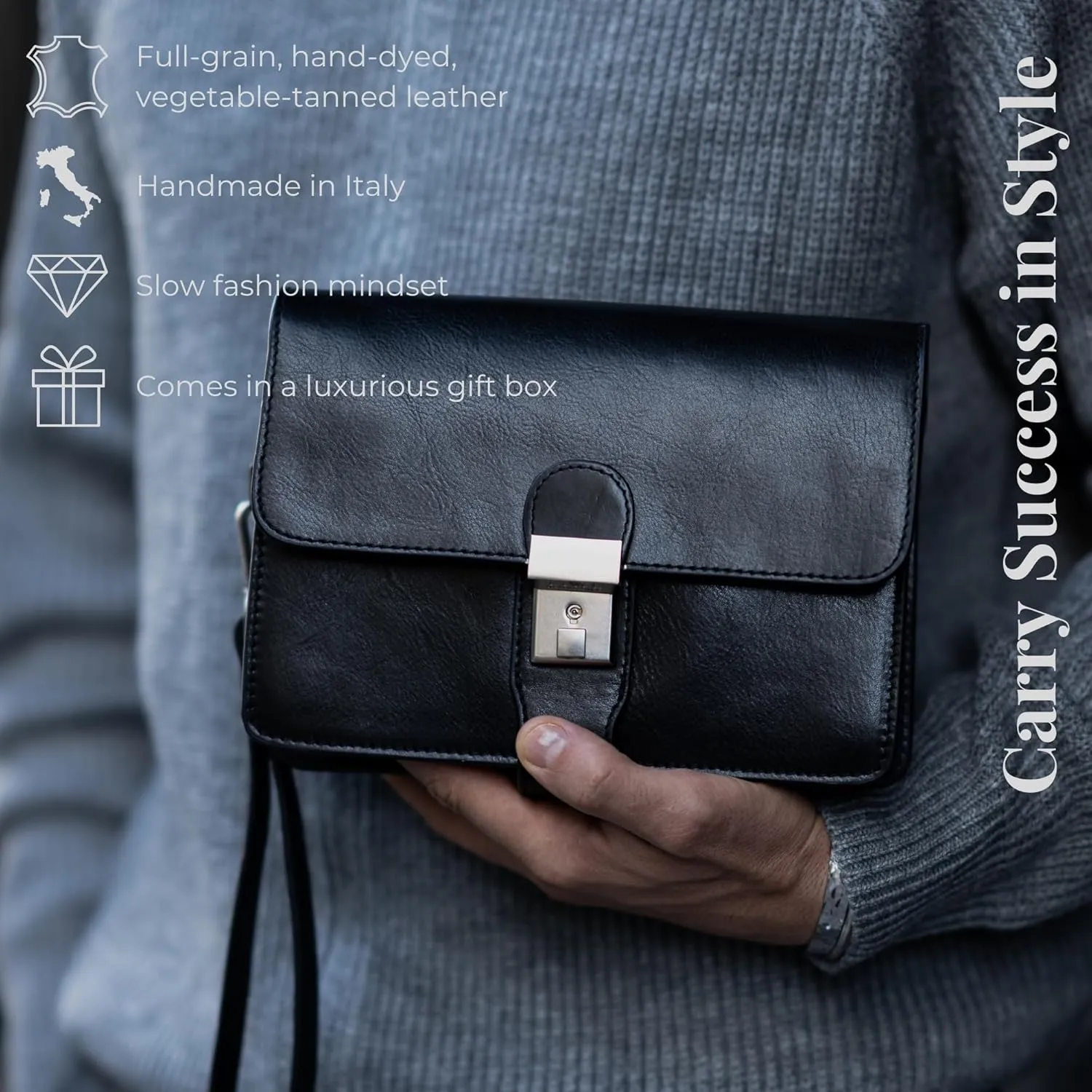 Time Resistance Leather Clutch - Men's Organizer Wrist Bag - Briefcase Handmade in Italy