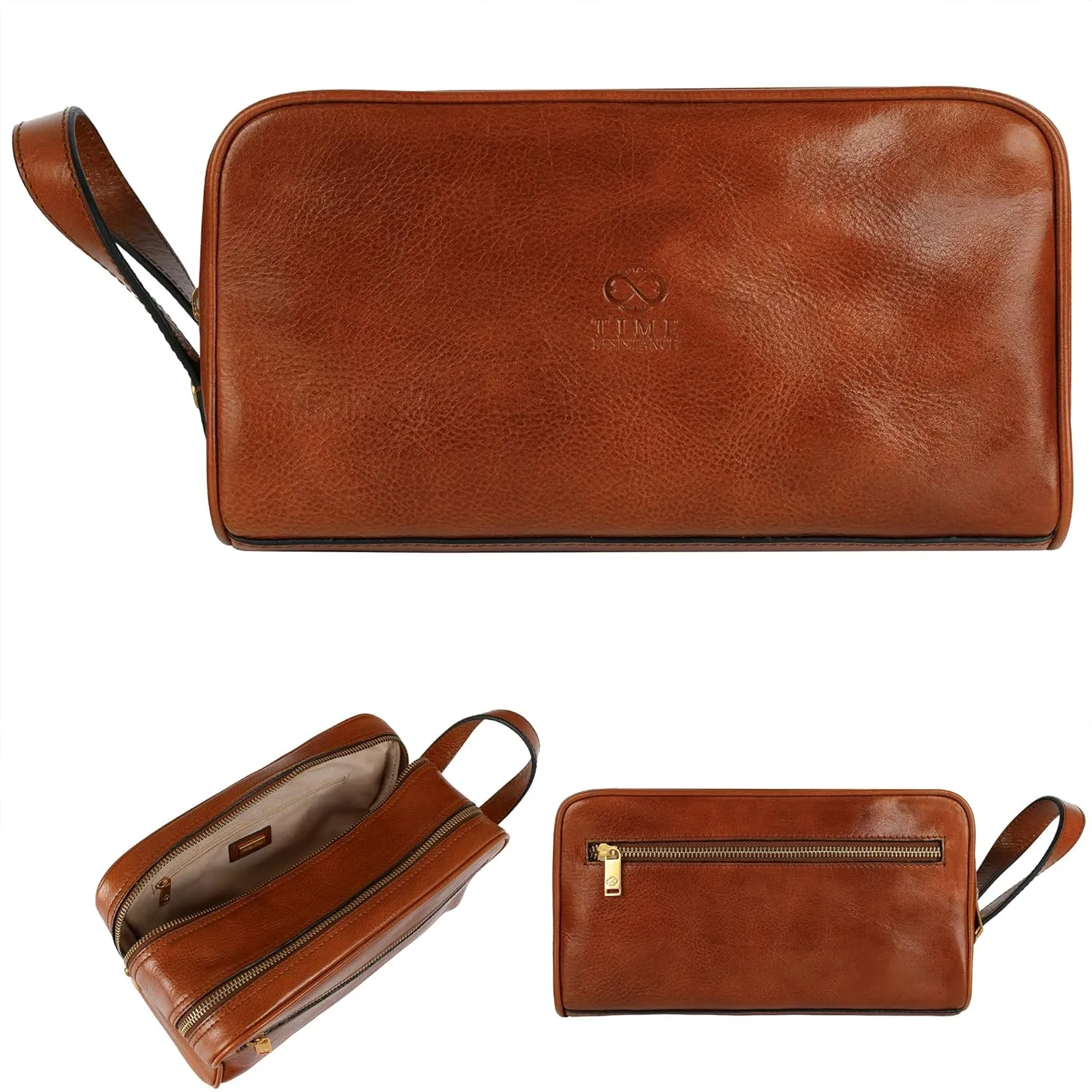 Time Resistance Leather Cosmetic Bag Toiletry Italian Classy Dopp Kit