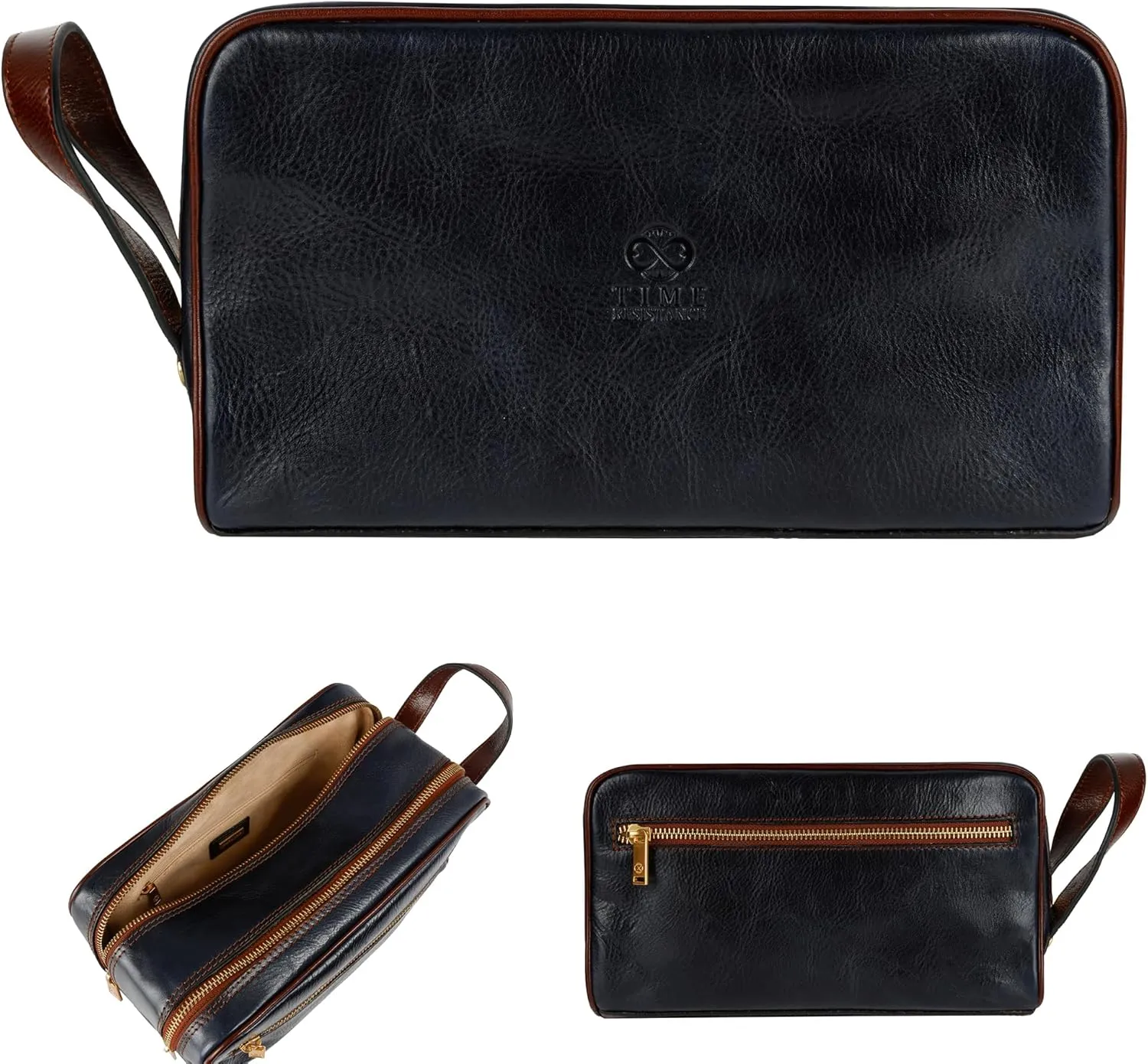 Time Resistance Leather Cosmetic Bag Toiletry Italian Classy Dopp Kit