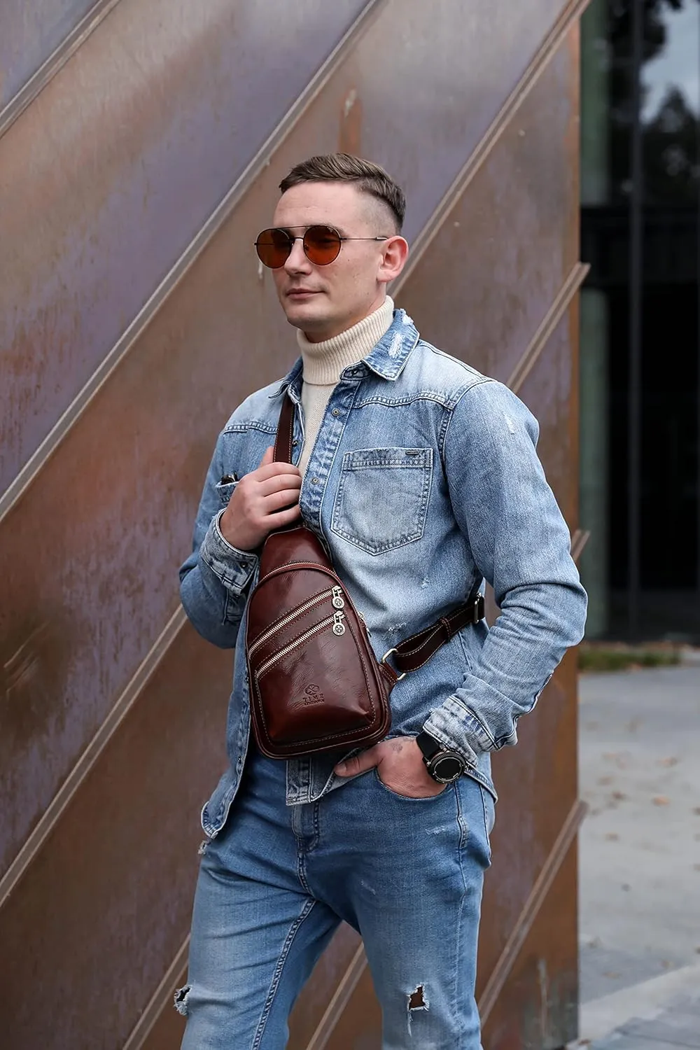 Time Resistance Leather Crossbody Bag - Brown Sling Bag - Messenger Bag for Men and Women - Handmade Shoulder Bag Backpack