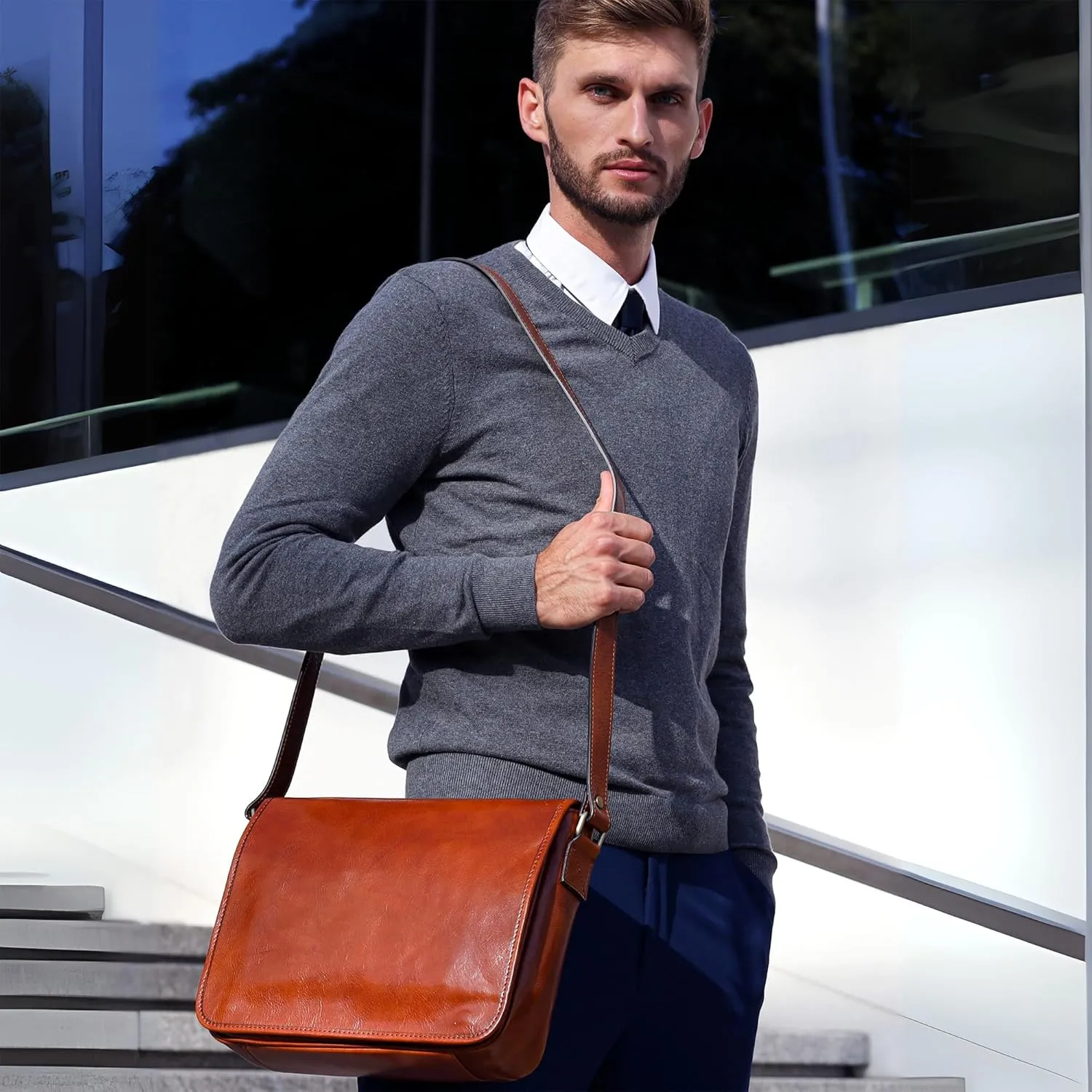 Time Resistance Leather Messenger Bag for Men, Handmade Crossbody Bag, Shoulder Bag Made in Italy