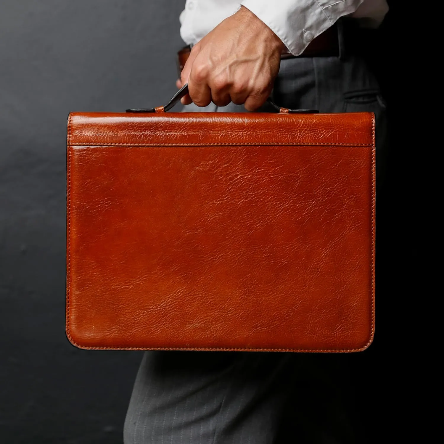 Time Resistance Leather Portfolio  Document Bag with Carry Handle  Tablet Size Case Made in Italy