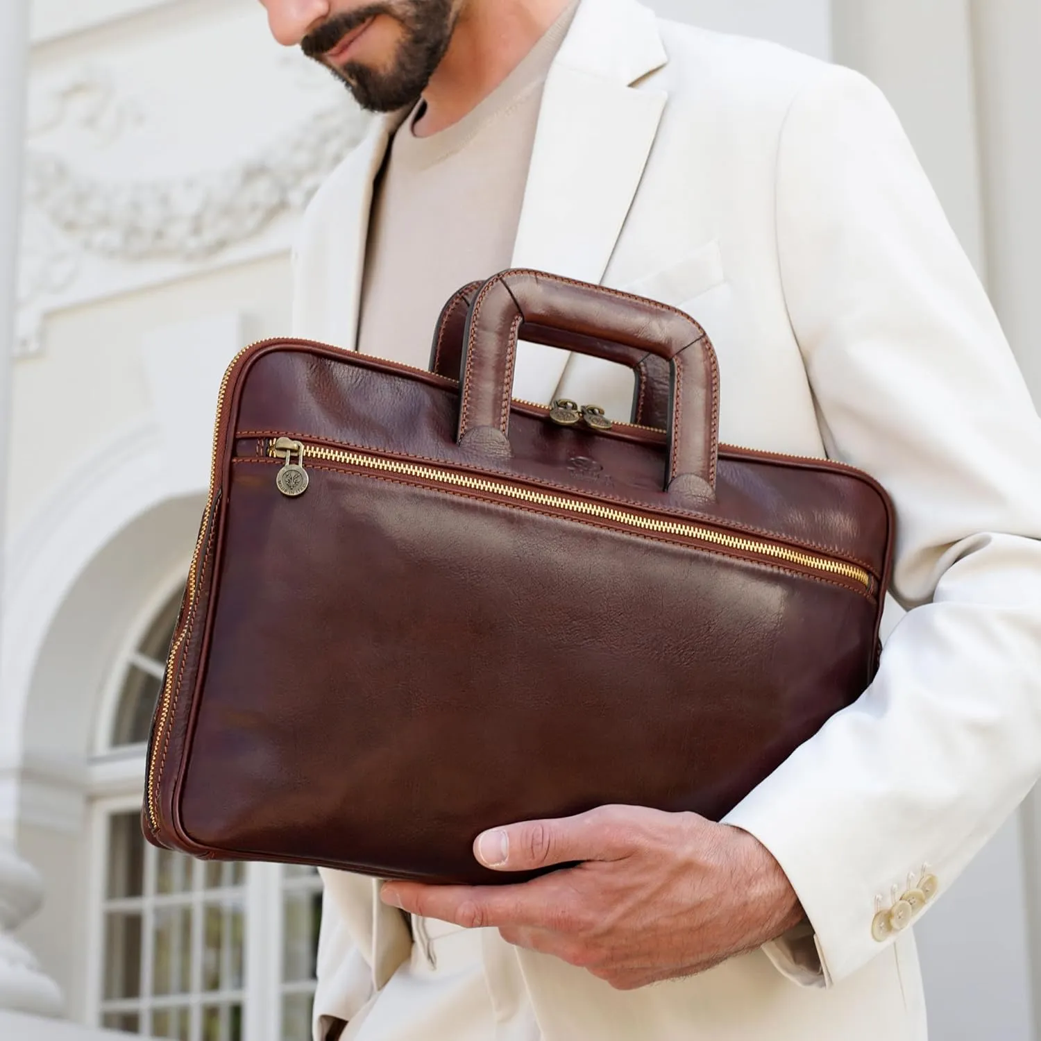 Time Resistance Slim Leather Briefcase - Italian Handmade Leather Computer Bag - Briefcase for Men and Women - Laptop Bag