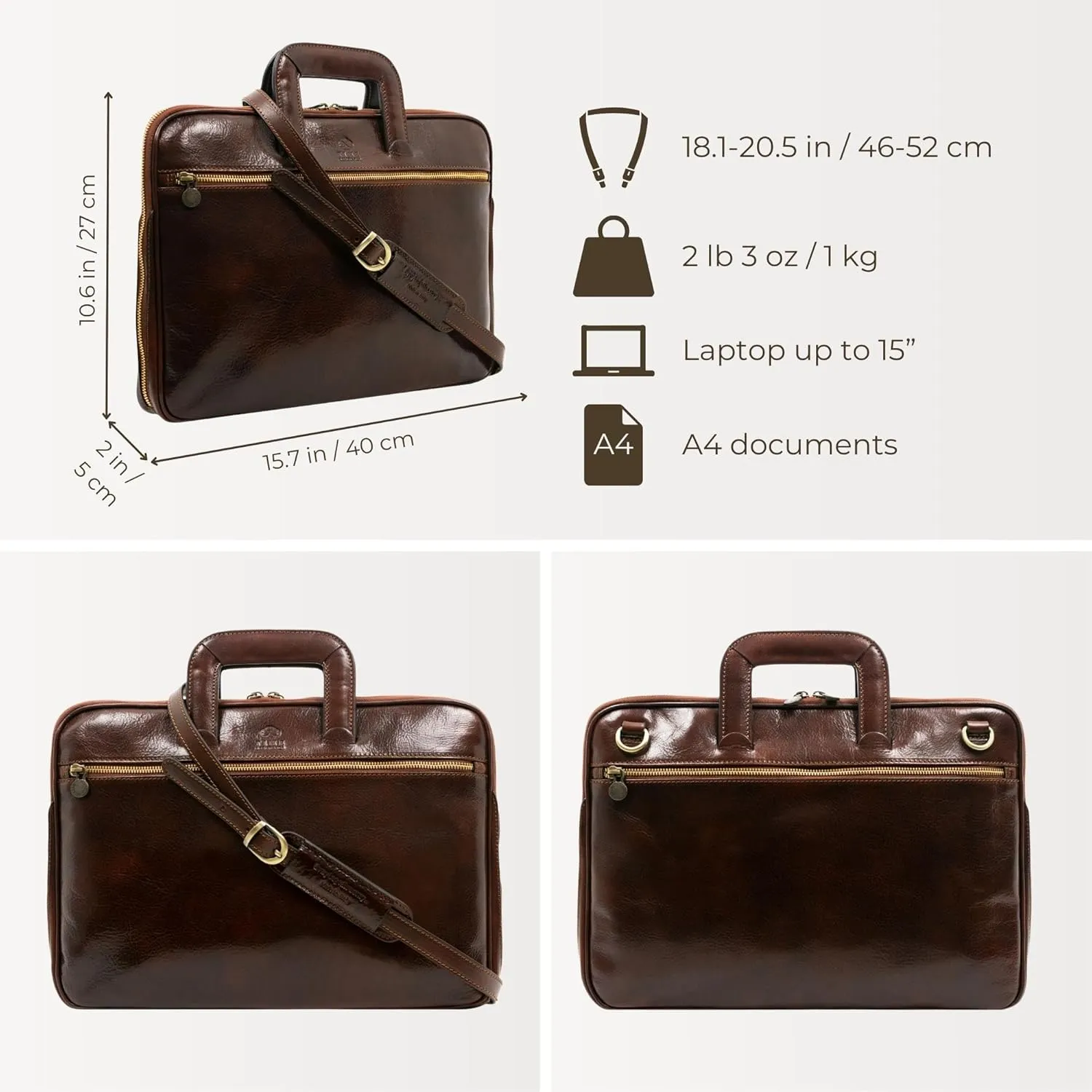 Time Resistance Slim Leather Briefcase - Italian Handmade Leather Computer Bag - Briefcase for Men and Women - Laptop Bag