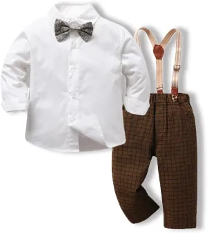 Toddler Boys Gentleman Outfits Long Sleeve White Bowtie Shirts Suspenders Pants Suits Tuxedos