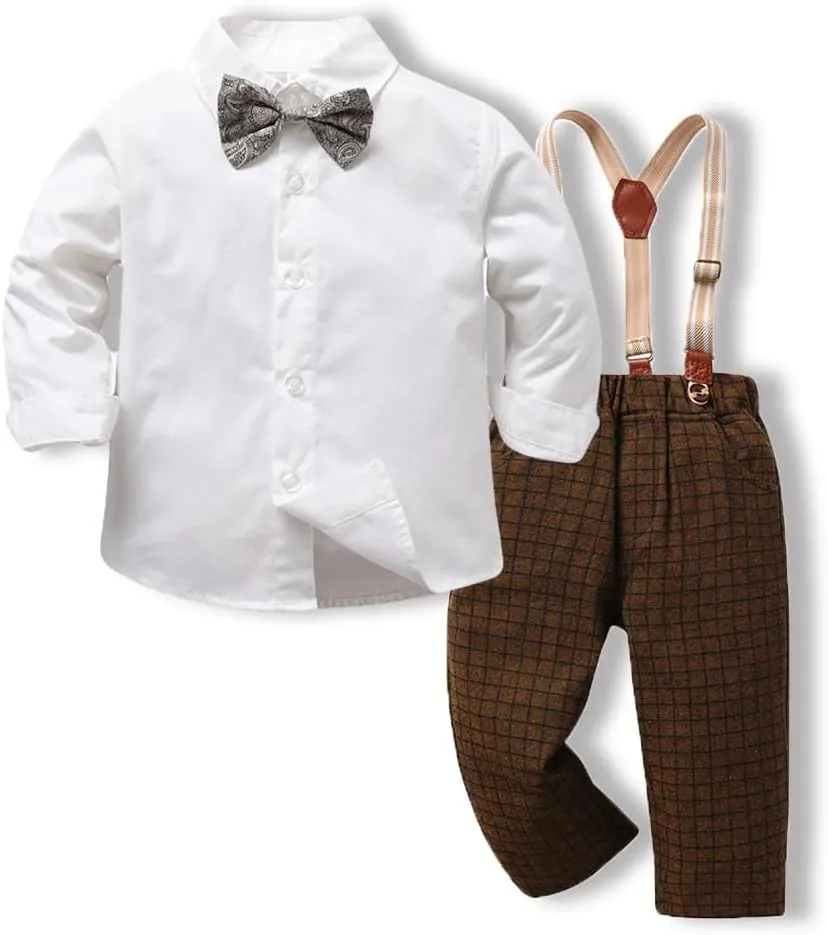 Toddler Boys Gentleman Outfits Long Sleeve White Bowtie Shirts Suspenders Pants Suits Tuxedos