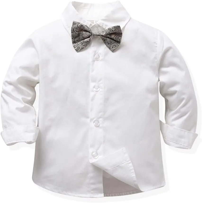 Toddler Boys Gentleman Outfits Long Sleeve White Bowtie Shirts Suspenders Pants Suits Tuxedos