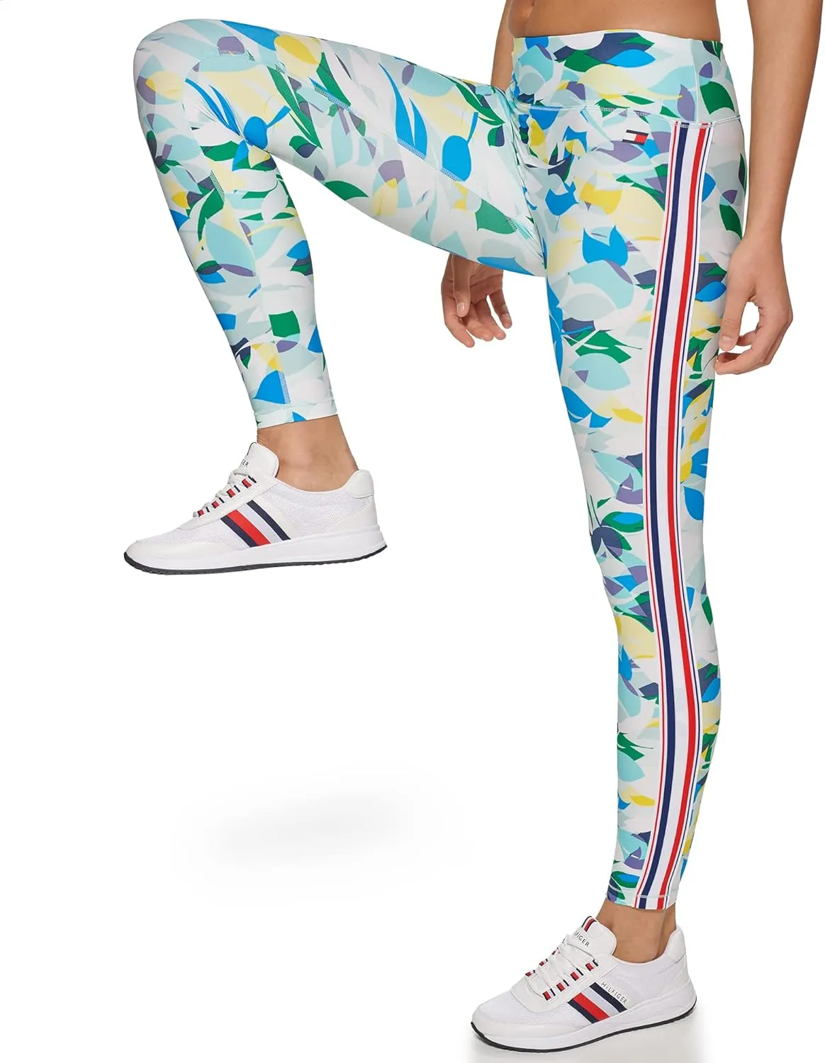 Tommy Hilfiger Women's High Rise Topical Floral Print Side Stripe Tape Legging