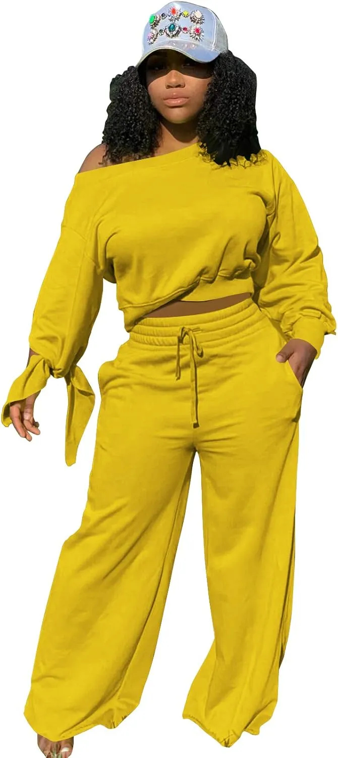 TOPSRANI Women's 2 Piece Outfits Casual Solid Sweatsuits Baggy Long Sleeve Loose Matching Wide Leg Tracksuit Pants Sets