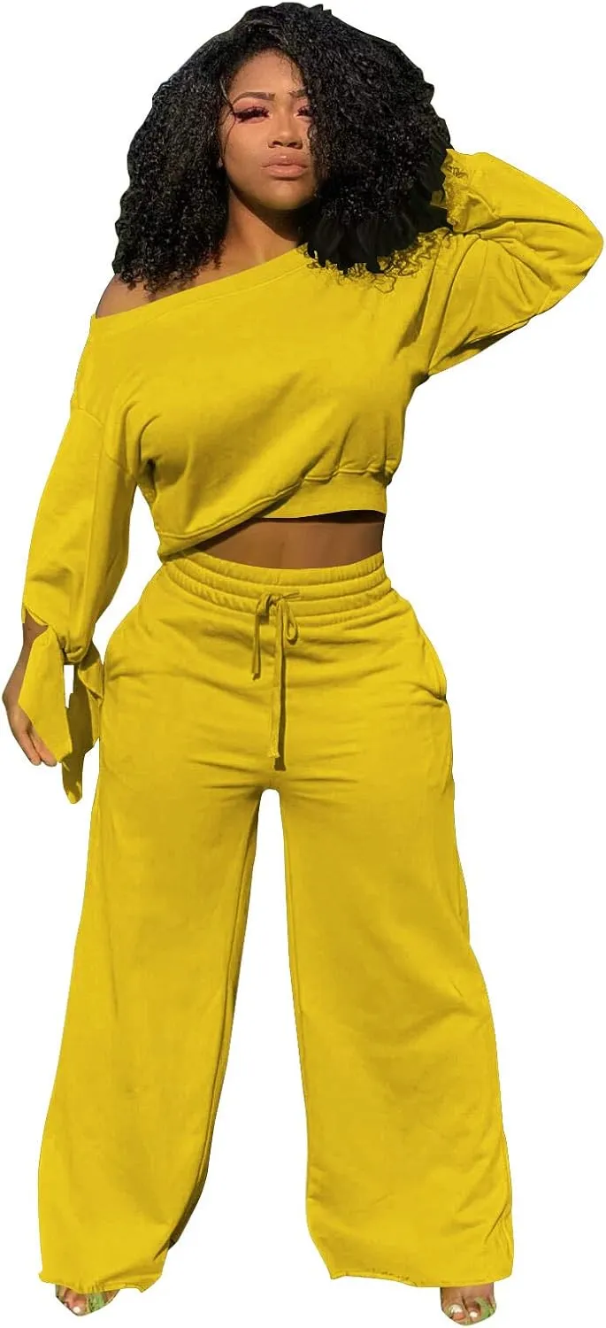 TOPSRANI Women's 2 Piece Outfits Casual Solid Sweatsuits Baggy Long Sleeve Loose Matching Wide Leg Tracksuit Pants Sets
