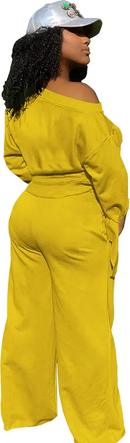 TOPSRANI Women's 2 Piece Outfits Casual Solid Sweatsuits Baggy Long Sleeve Loose Matching Wide Leg Tracksuit Pants Sets