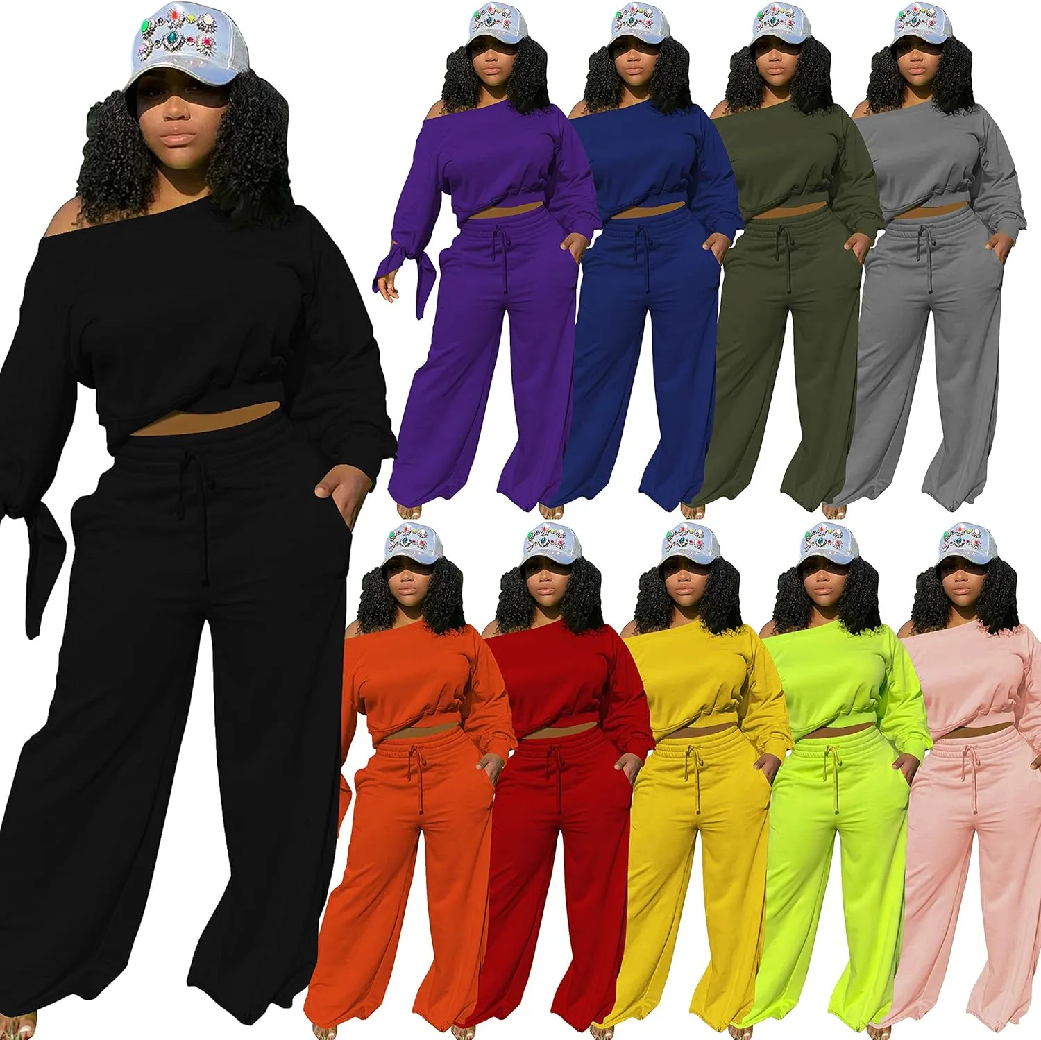 TOPSRANI Women's 2 Piece Outfits Casual Solid Sweatsuits Baggy Long Sleeve Loose Matching Wide Leg Tracksuit Pants Sets