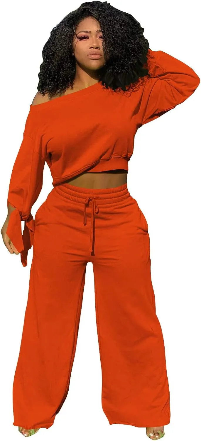 TOPSRANI Women's 2 Piece Outfits Casual Solid Sweatsuits Baggy Long Sleeve Loose Matching Wide Leg Tracksuit Pants Sets