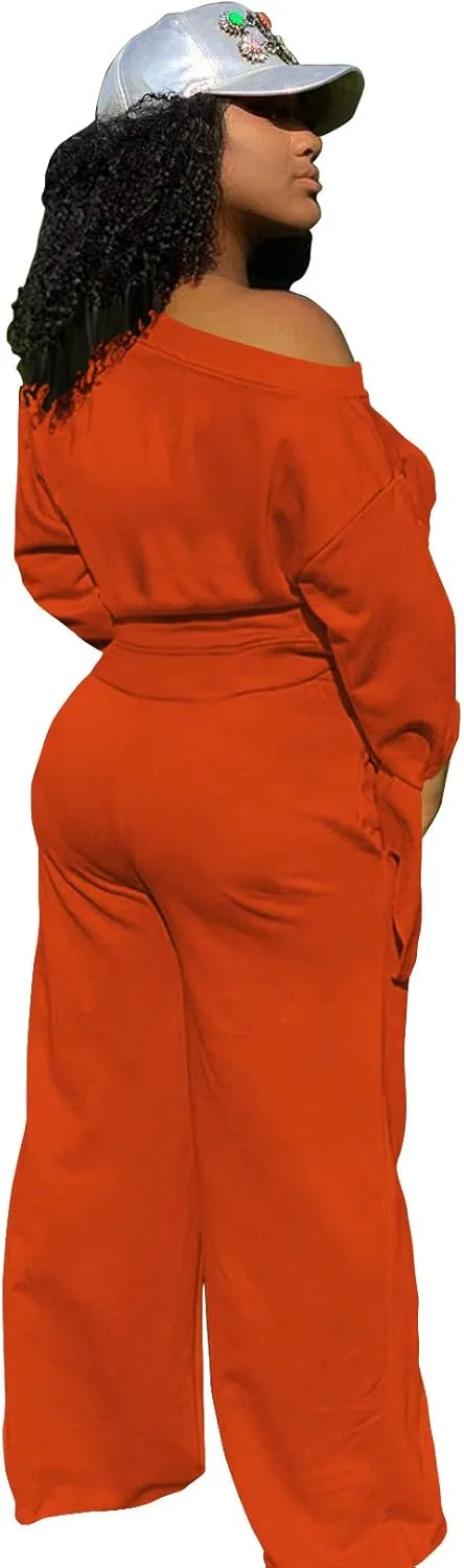 TOPSRANI Women's 2 Piece Outfits Casual Solid Sweatsuits Baggy Long Sleeve Loose Matching Wide Leg Tracksuit Pants Sets