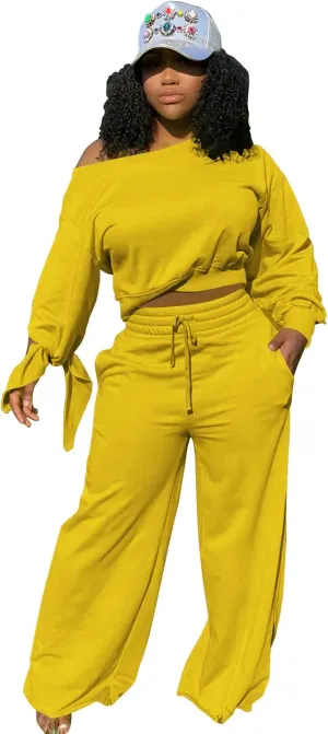 TOPSRANI Women's 2 Piece Outfits Casual Solid Sweatsuits Baggy Long Sleeve Loose Matching Wide Leg Tracksuit Pants Sets
