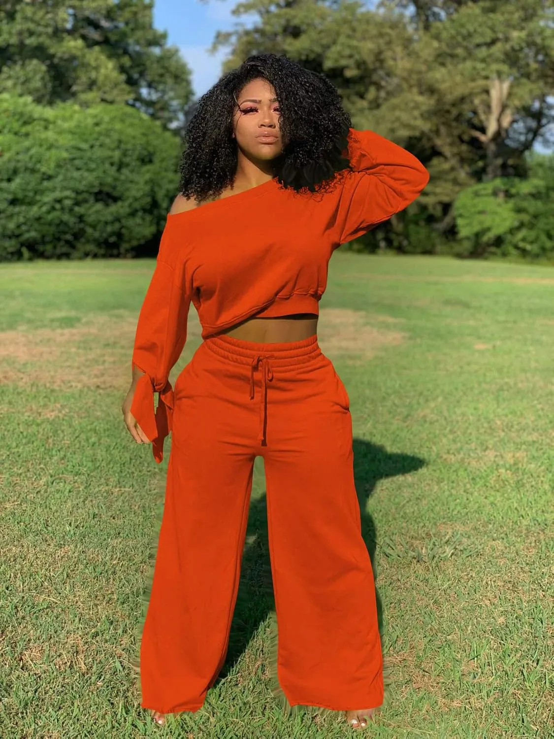 TOPSRANI Women's 2 Piece Outfits Casual Solid Sweatsuits Baggy Long Sleeve Loose Matching Wide Leg Tracksuit Pants Sets