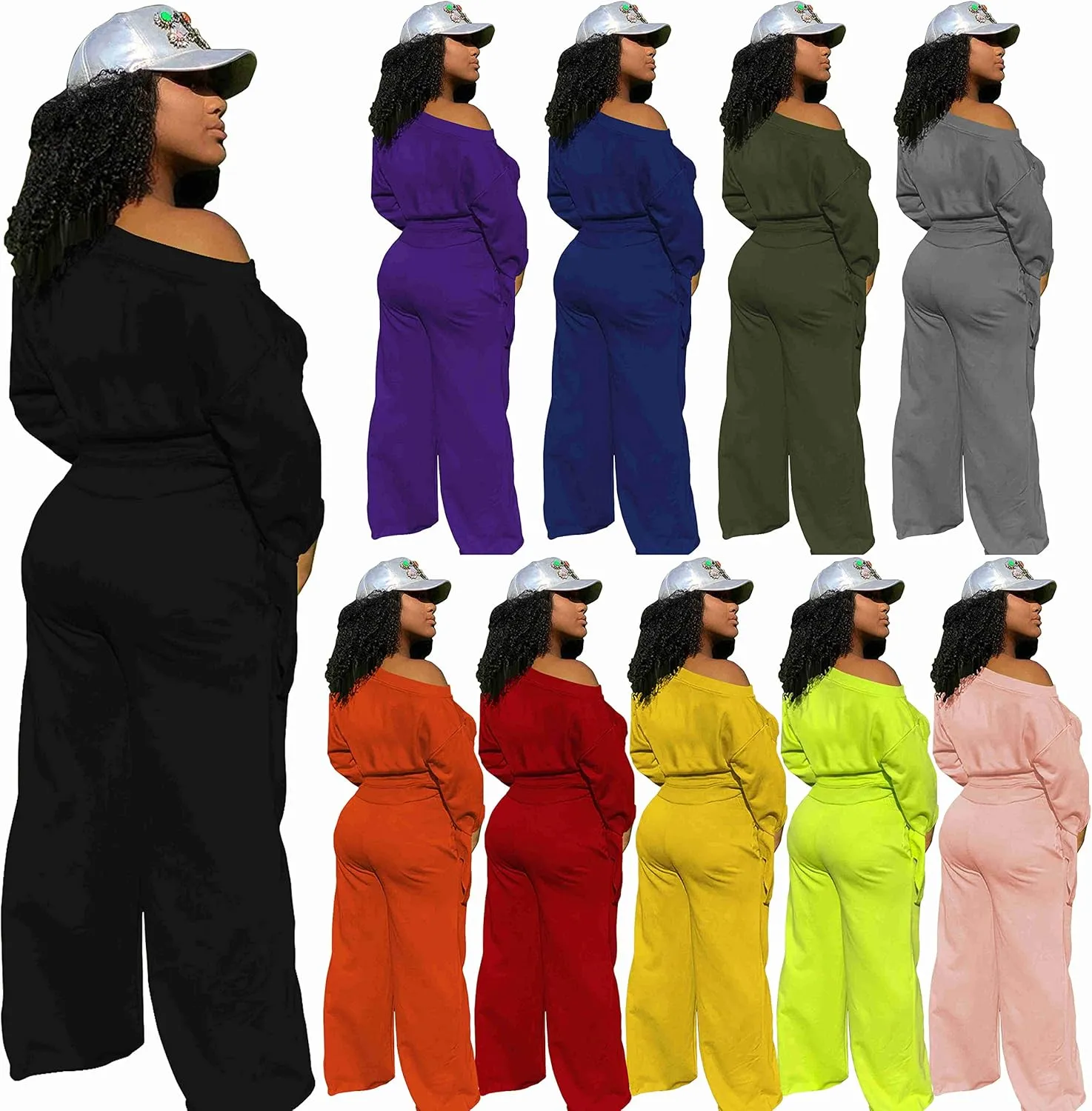 TOPSRANI Women's 2 Piece Outfits Casual Solid Sweatsuits Baggy Long Sleeve Loose Matching Wide Leg Tracksuit Pants Sets