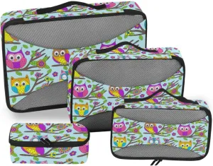 Travel Cubes 4 Set Luggage Packing Cubes Travel Compartment Organizer Bags Paxking Cubes Funny Colorful Owls