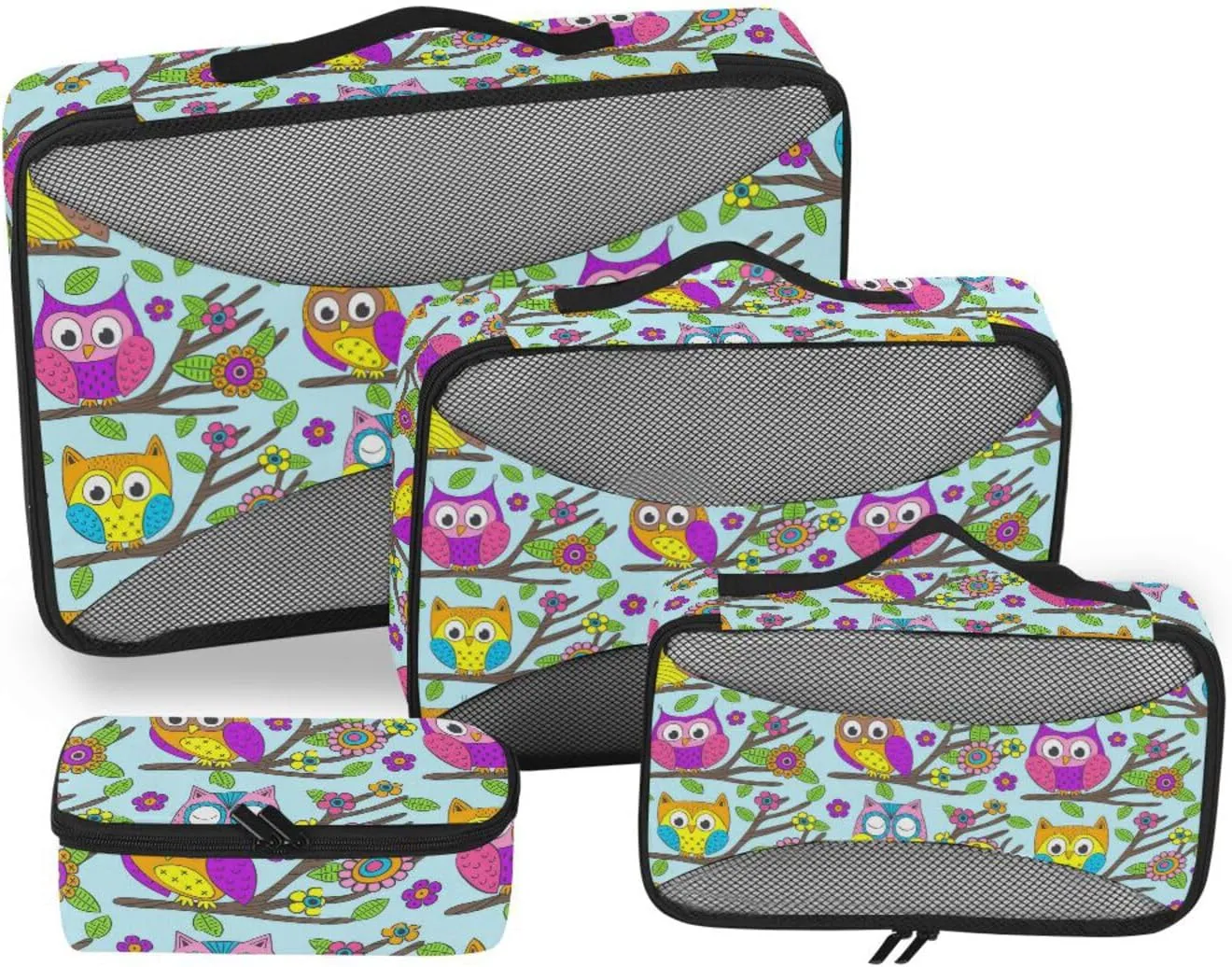 Travel Cubes 4 Set Luggage Packing Cubes Travel Compartment Organizer Bags Paxking Cubes Funny Colorful Owls