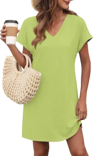 Tshirt Dress Women V Neck Short Sleeve Shift Mini Dresses Summer Loose Fit Dressy Casual Beach Vacation Short Dress