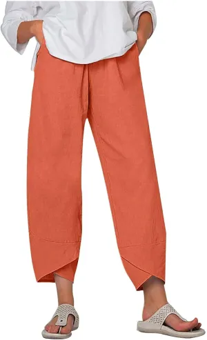 Tulip Hem Capri Pants for Women Wide Leg Cotton Linen Pants Summer Flowy Capris Casual Cropped Trousers with Pockets