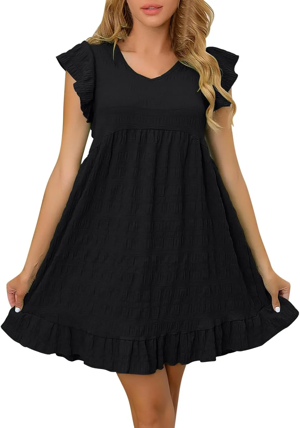 Tunic Dresses for Women Wedding Guest Cute Ruffle Sleeve Mini Babydoll Tank Dress Casual Beach Vacation Summer Dresses
